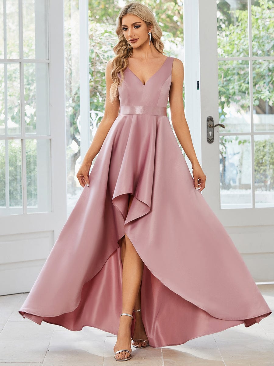 Stunning High Low A Line Belted Stain Prom Dresses