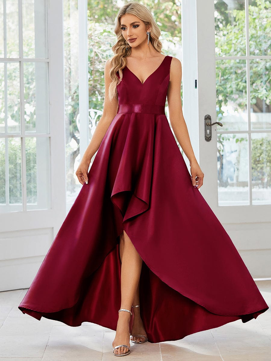 Stunning High Low A Line Belted Stain Prom Dresses