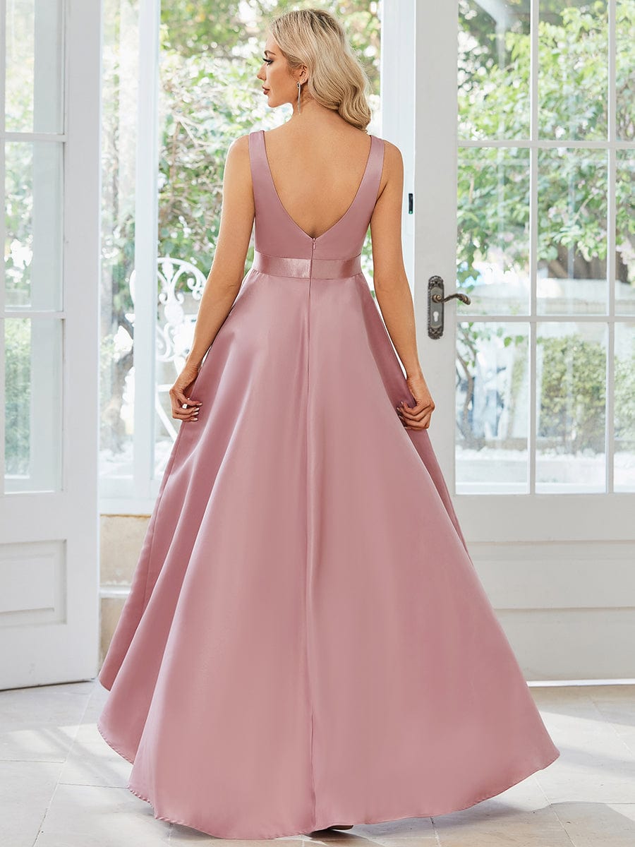Stunning High Low A Line Belted Stain Prom Dresses