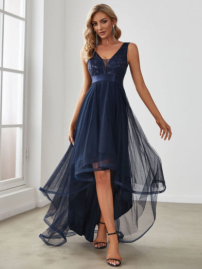 Stunning Sequin Applique High-Low V Neck Tulle Prom Dress