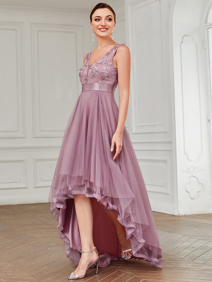 Stunning Sequin Applique High-Low V Neck Tulle Prom Dress