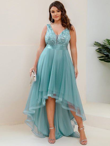 Stunning Sequin Applique High-Low V Neck Tulle Prom Dress