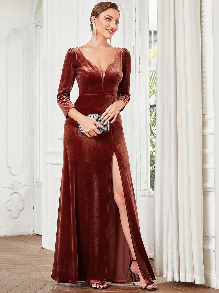 Stunning Sparkling A-Line Evening Gown with Deep V-Neck and Long Sleeves