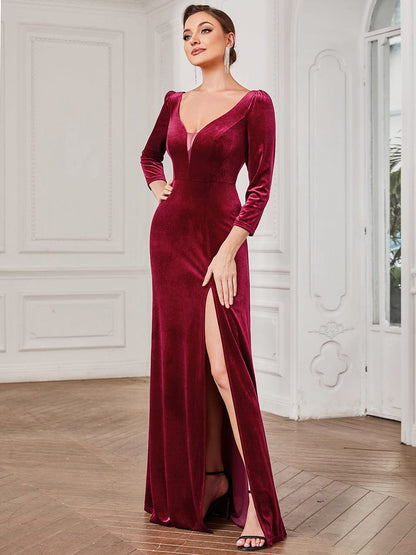 Stunning Sparkling A-Line Evening Gown with Deep V-Neck and Long Sleeves