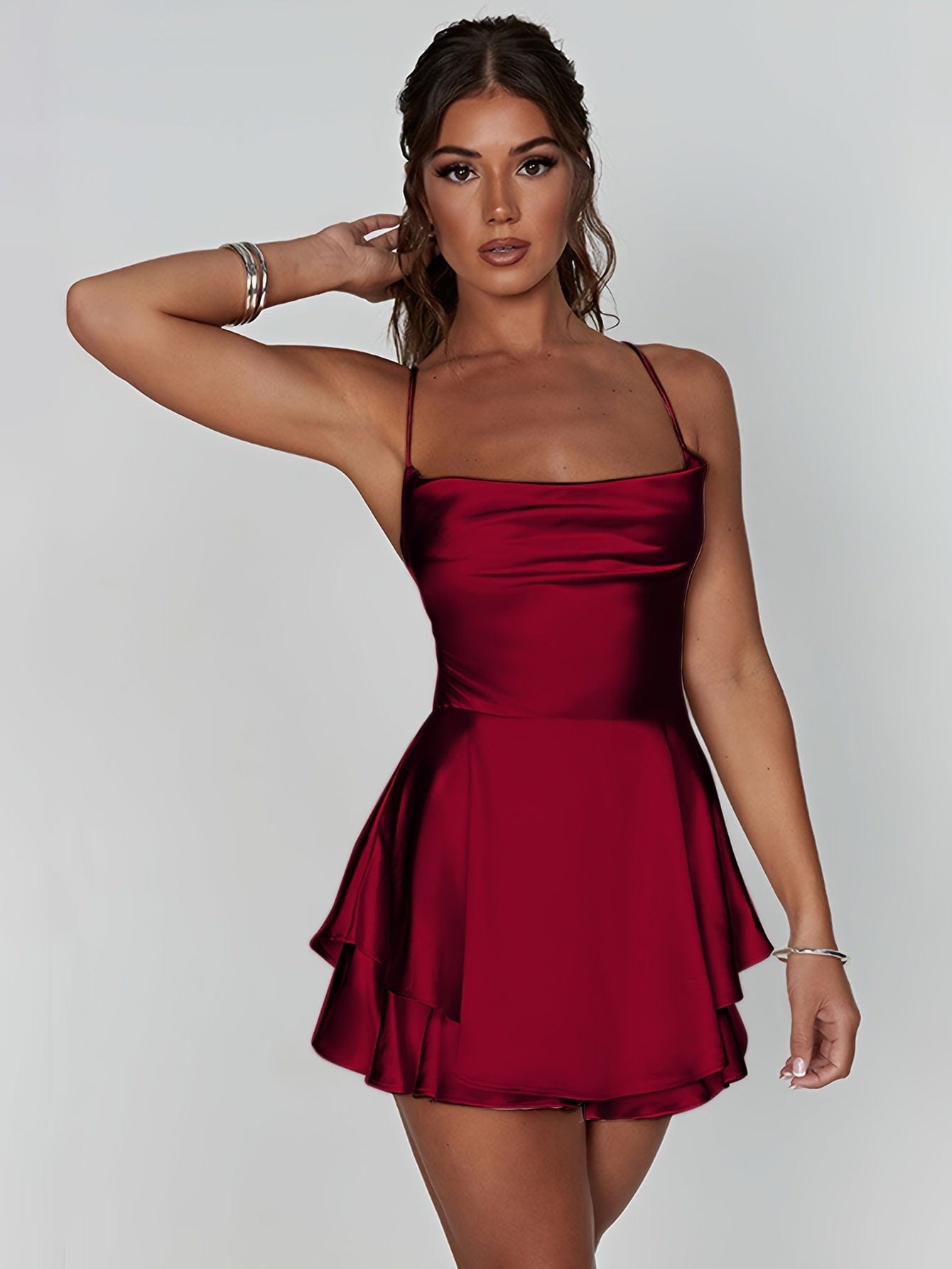 Stylish Backless Tiered Cowl Neck A-line Mini Dress