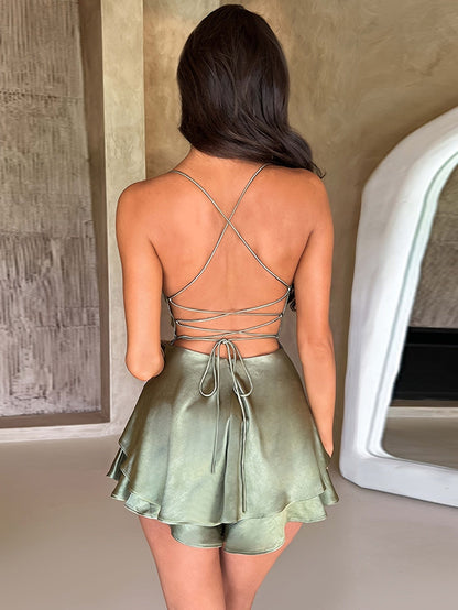Stylish Backless Tiered Cowl Neck A-line Mini Dress