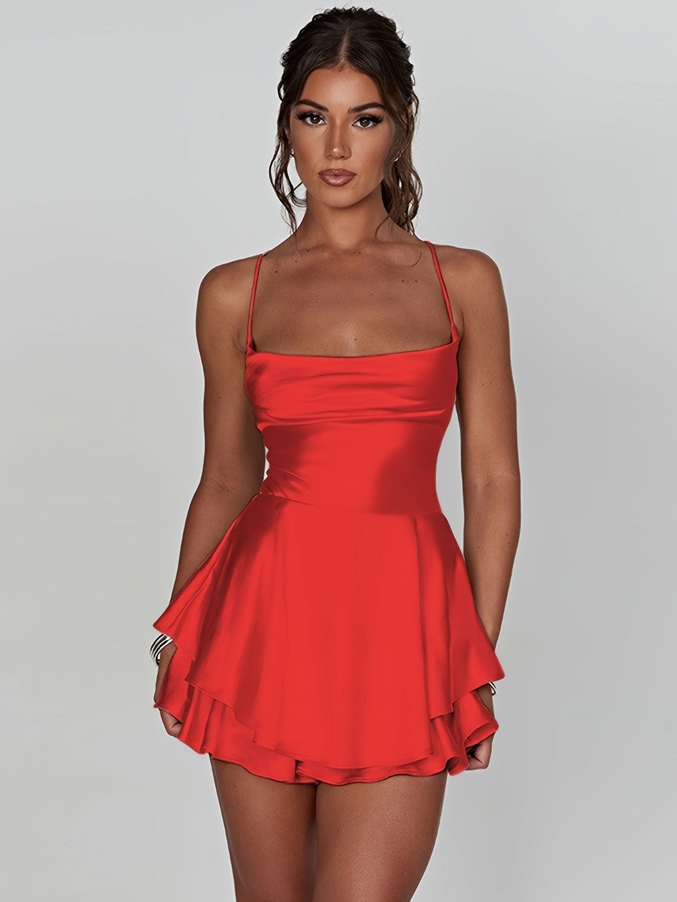 Stylish Backless Tiered Cowl Neck A-line Mini Dress