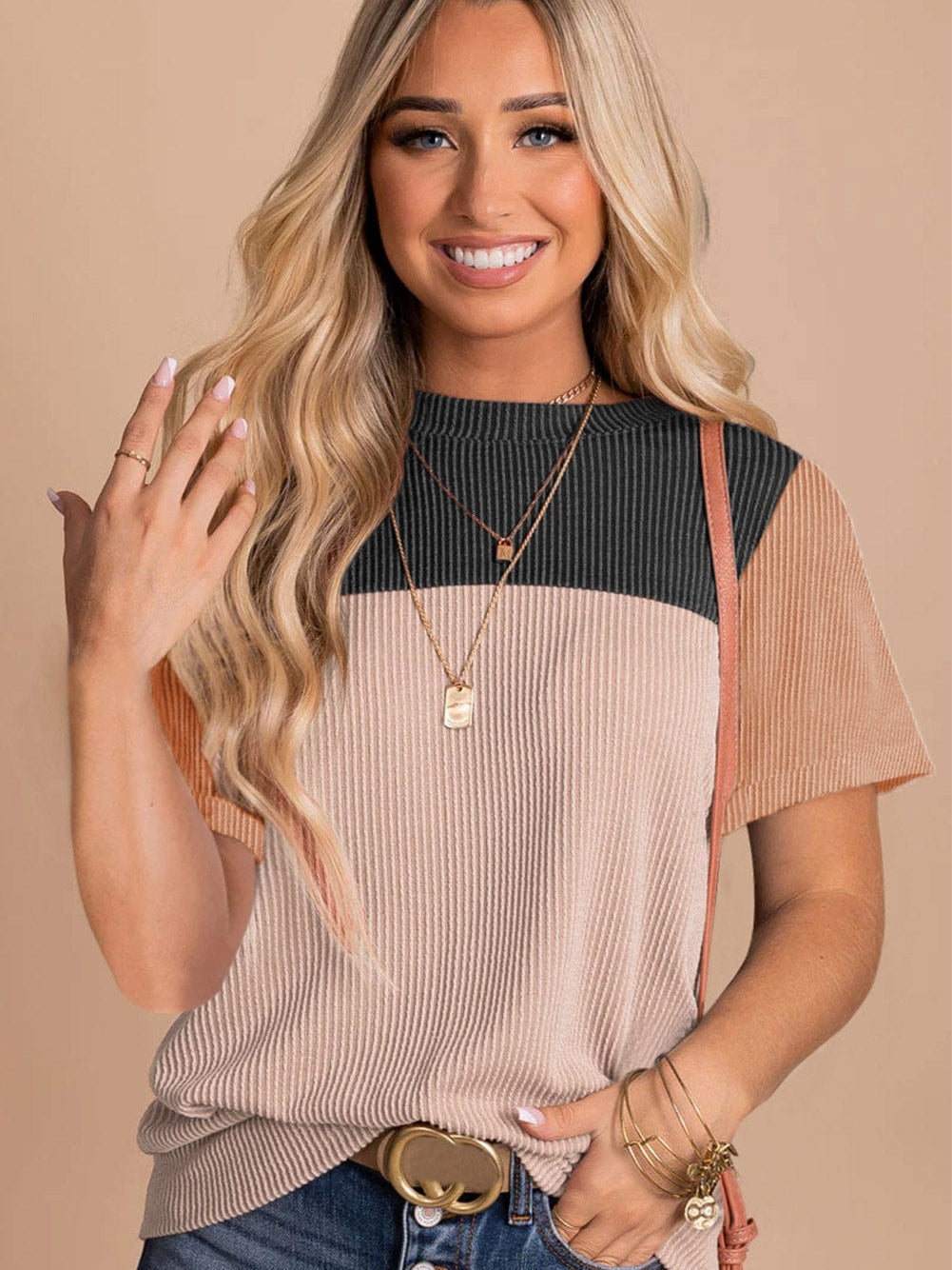 Stylish Black Ribbed Colorblock Tee