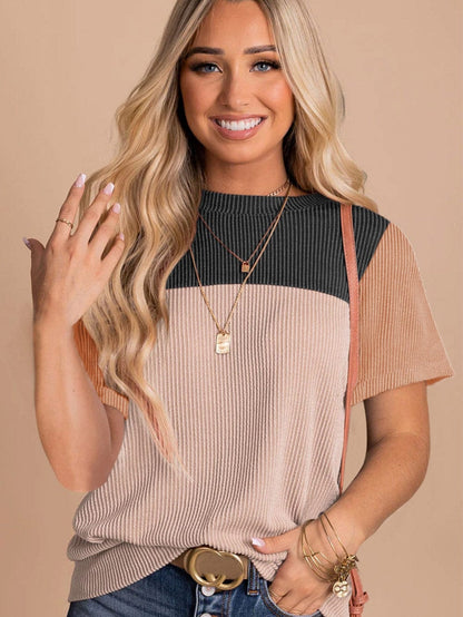 Stylish Black Ribbed Colorblock Tee