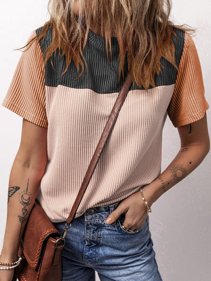 Stylish Black Ribbed Colorblock Tee