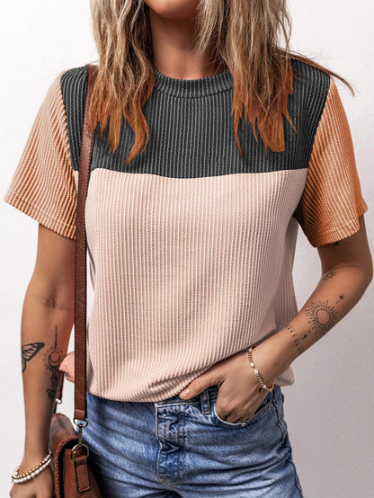 Stylish Black Ribbed Colorblock Tee