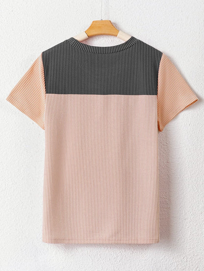 Stylish Black Ribbed Colorblock Tee