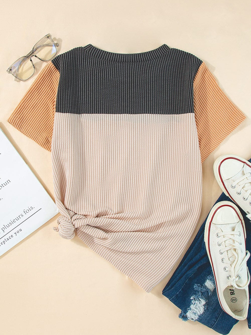 Stylish Black Ribbed Colorblock Tee