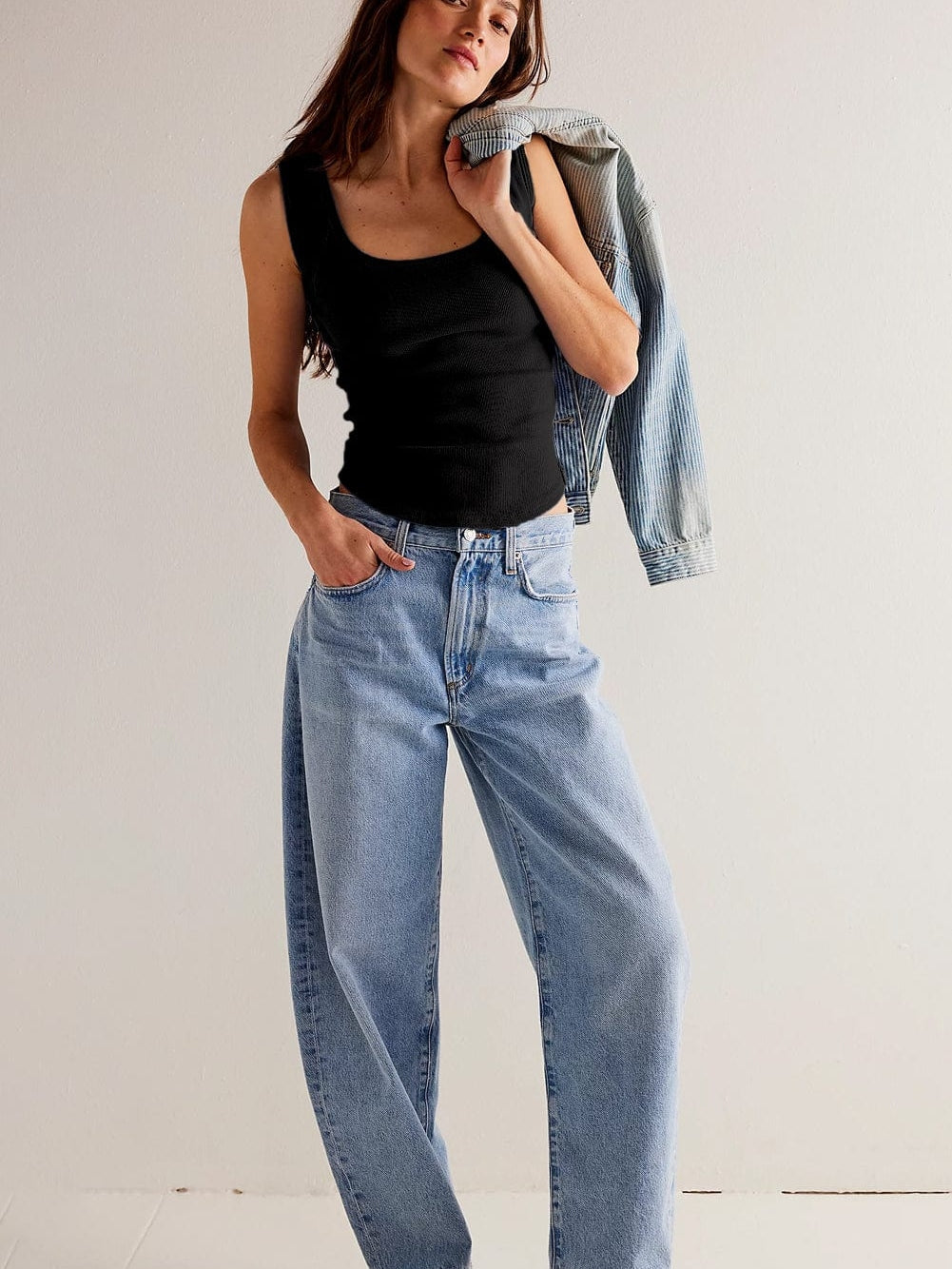 Stylish Black Ribbed Scoop Neck Tank Top