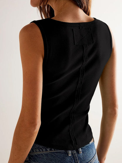 Stylish Black Ribbed Scoop Neck Tank Top