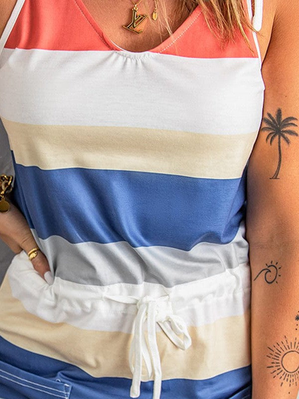 Stylish Black Striped Suspender Dress with Backless Design