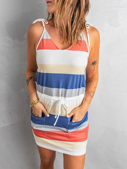 Stylish Black Striped Suspender Dress with Backless Design