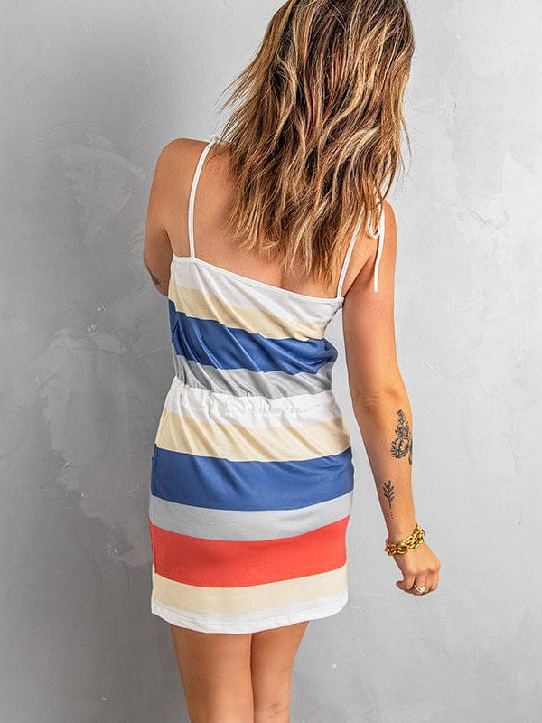 Stylish Black Striped Suspender Dress with Backless Design