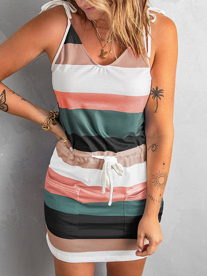 Stylish Black Striped Suspender Dress with Backless Design