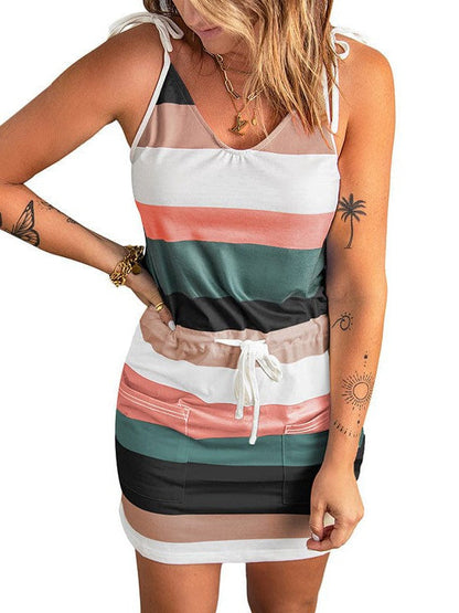 Stylish Black Striped Suspender Dress with Backless Design