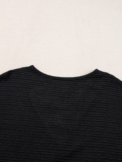 Stylish Black Textured V Neck T-Shirt with Wide Sleeves