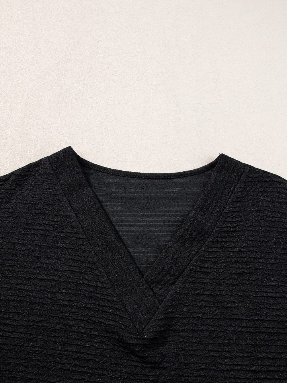 Stylish Black Textured V Neck T-Shirt with Wide Sleeves