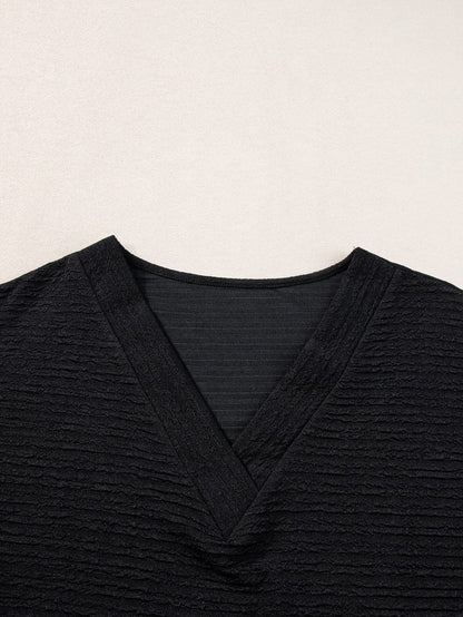Stylish Black Textured V Neck T-Shirt with Wide Sleeves