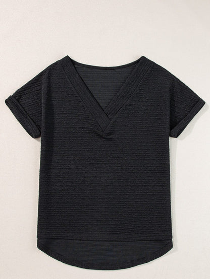Stylish Black Textured V Neck T-Shirt with Wide Sleeves