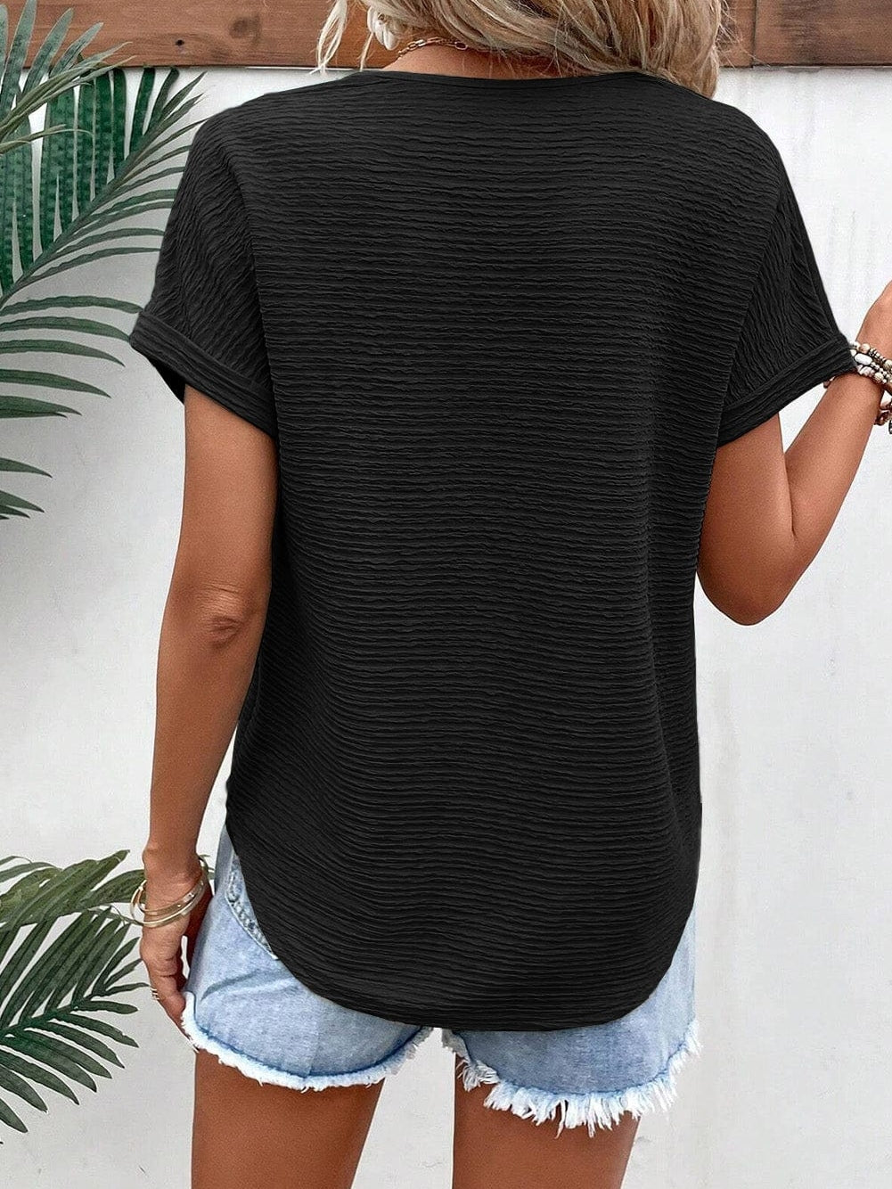Stylish Black Textured V Neck T-Shirt with Wide Sleeves