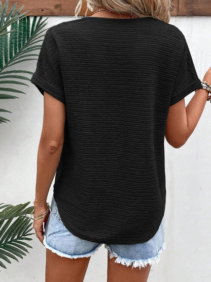 Stylish Black Textured V Neck T-Shirt with Wide Sleeves