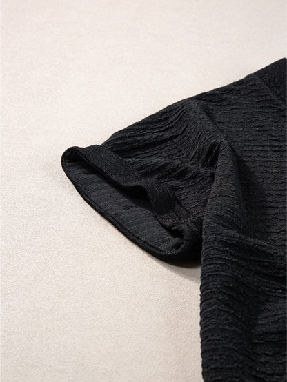 Stylish Black Textured V Neck T-Shirt with Wide Sleeves