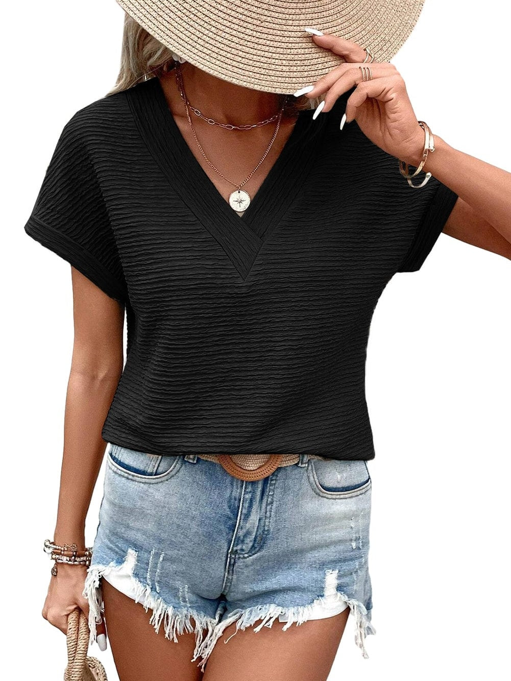 Stylish Black Textured V Neck T-Shirt with Wide Sleeves