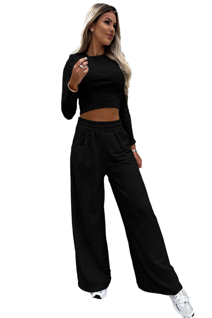 Stylish Black Two Piece Crop Top and Wide Leg Pants Set