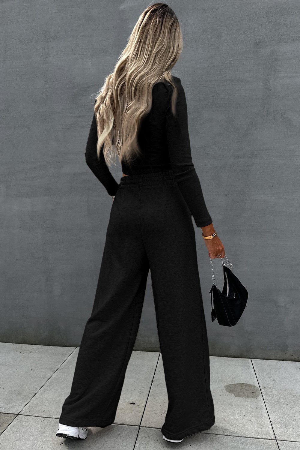 Stylish Black Two Piece Crop Top and Wide Leg Pants Set
