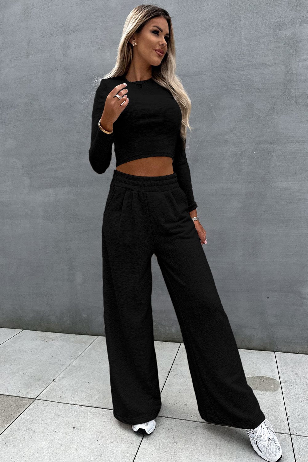 Stylish Black Two Piece Crop Top and Wide Leg Pants Set