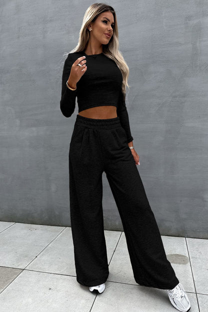 Stylish Black Two Piece Crop Top and Wide Leg Pants Set