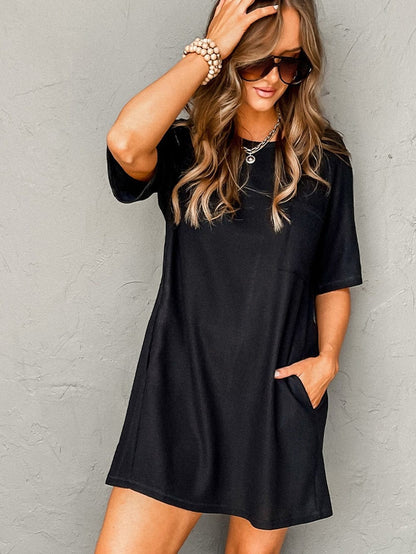 Stylish Black Waffle Knit T-shirt Dress with Chic Pockets