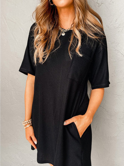 Stylish Black Waffle Knit T-shirt Dress with Chic Pockets