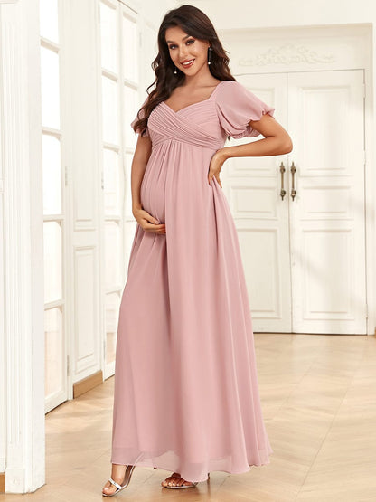 Stylish Deep V Neck Maternity Dress with Short Lantern Sleeves