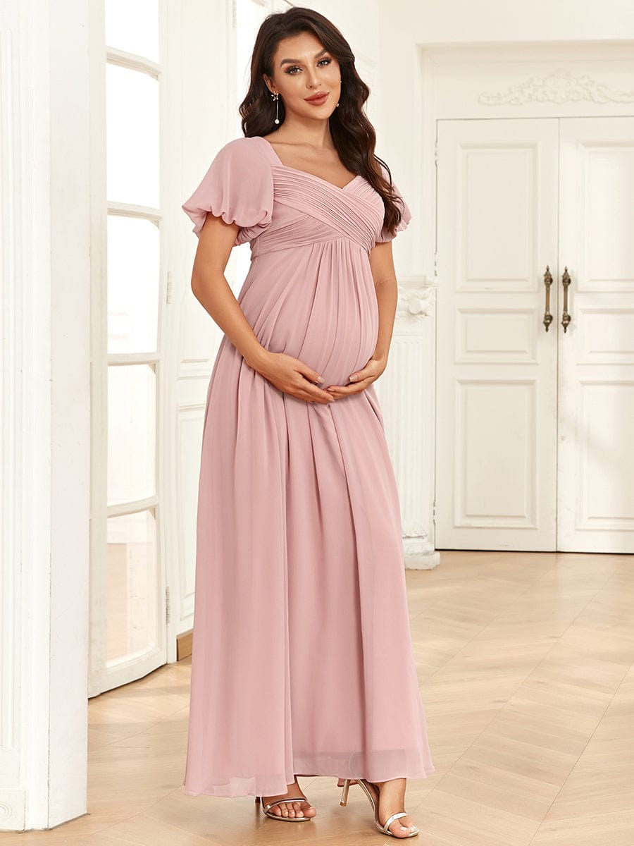 Stylish Deep V Neck Maternity Dress with Short Lantern Sleeves