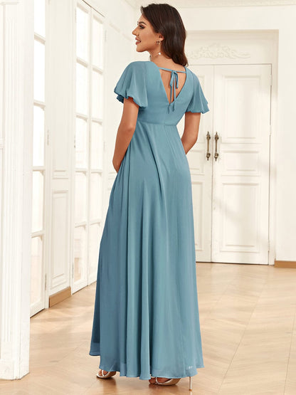 Stylish Deep V Neck Maternity Dress with Short Lantern Sleeves