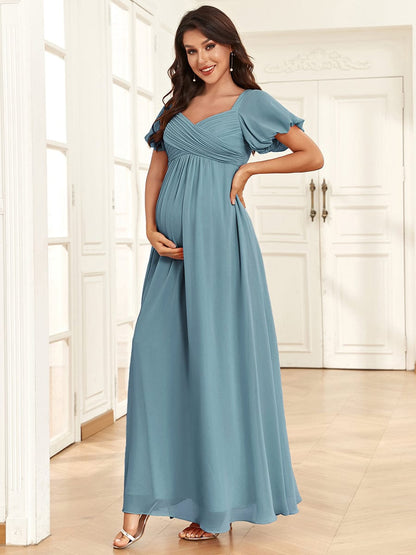 Stylish Deep V Neck Maternity Dress with Short Lantern Sleeves