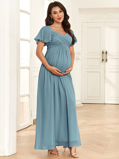 Stylish Deep V Neck Maternity Dress with Short Lantern Sleeves