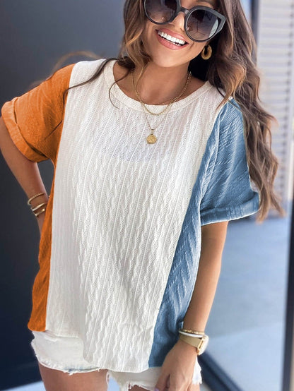 Stylish Light Blue Textured Colorblock Relaxed Fit Tee