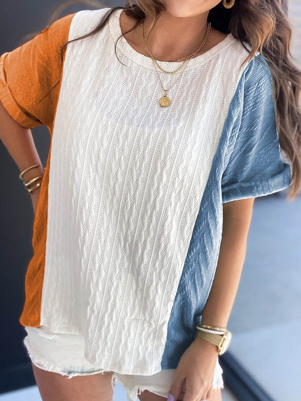 Stylish Light Blue Textured Colorblock Relaxed Fit Tee