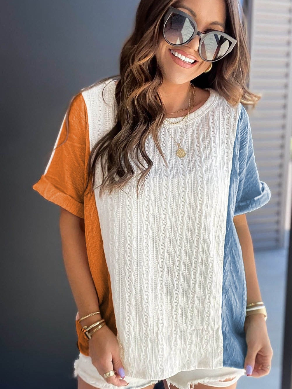 Stylish Light Blue Textured Colorblock Relaxed Fit Tee