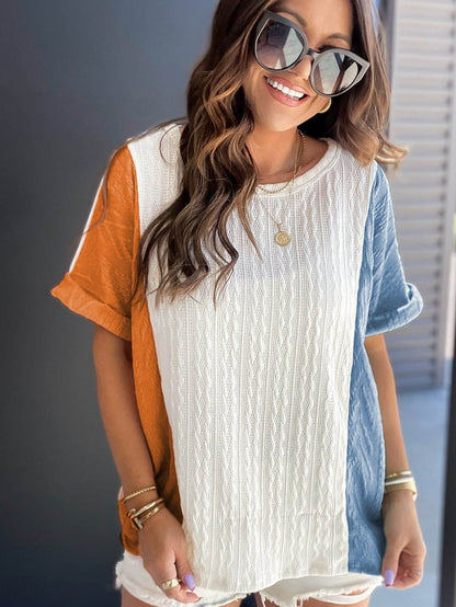 Stylish Light Blue Textured Colorblock Relaxed Fit Tee