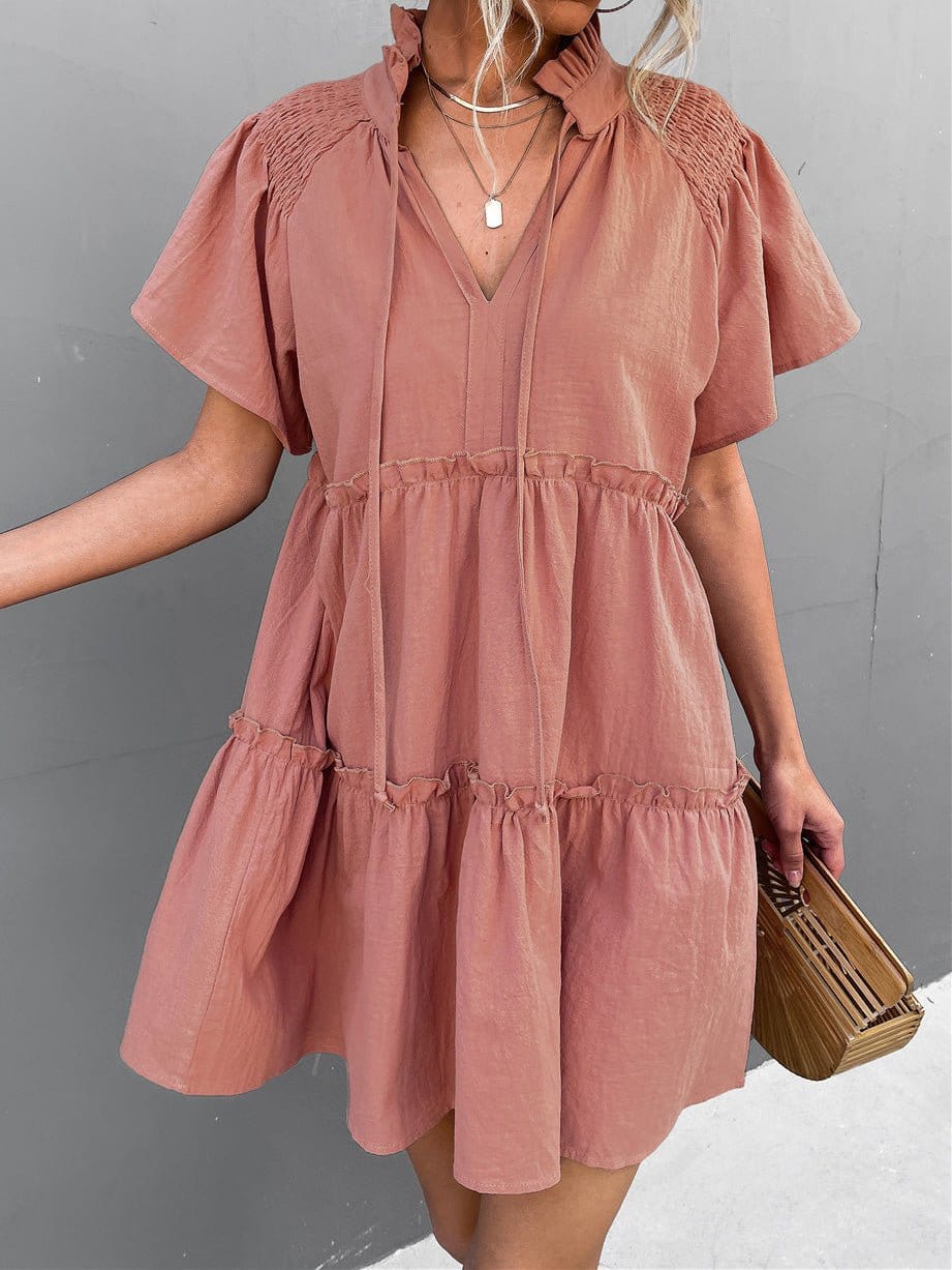 Stylish Pleated V-Neck Dress with Belt and Short Sleeves