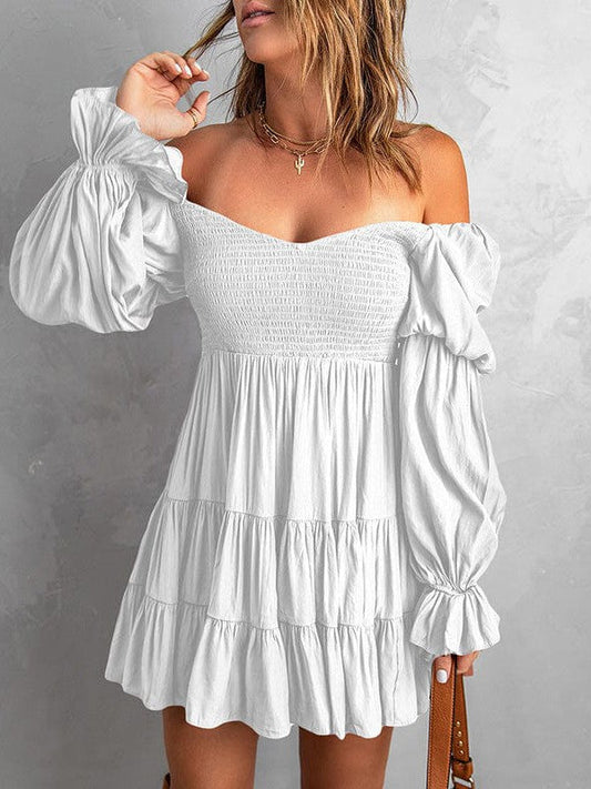 Stylish Square Neck Long-Sleeve Ruffled Dress in Solid Colors