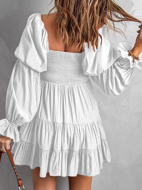 Stylish Square Neck Long-Sleeve Ruffled Dress in Solid Colors